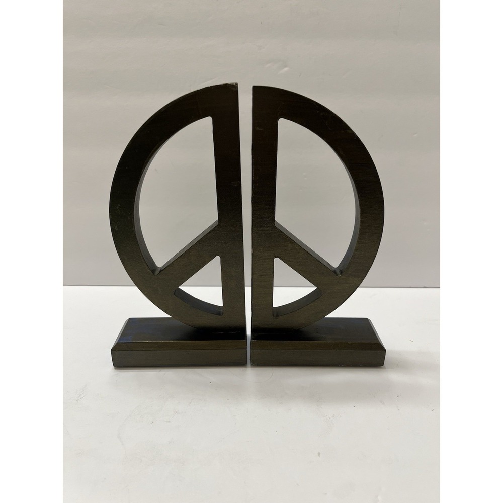 Peace Sign Bookends Wood Painted Black Over Blue 8x4" Lightweight Decorative - Picture 4 of 7